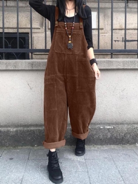 Corduroy Retro Europe Solid Casual Lommer Jumpsuit For Dame