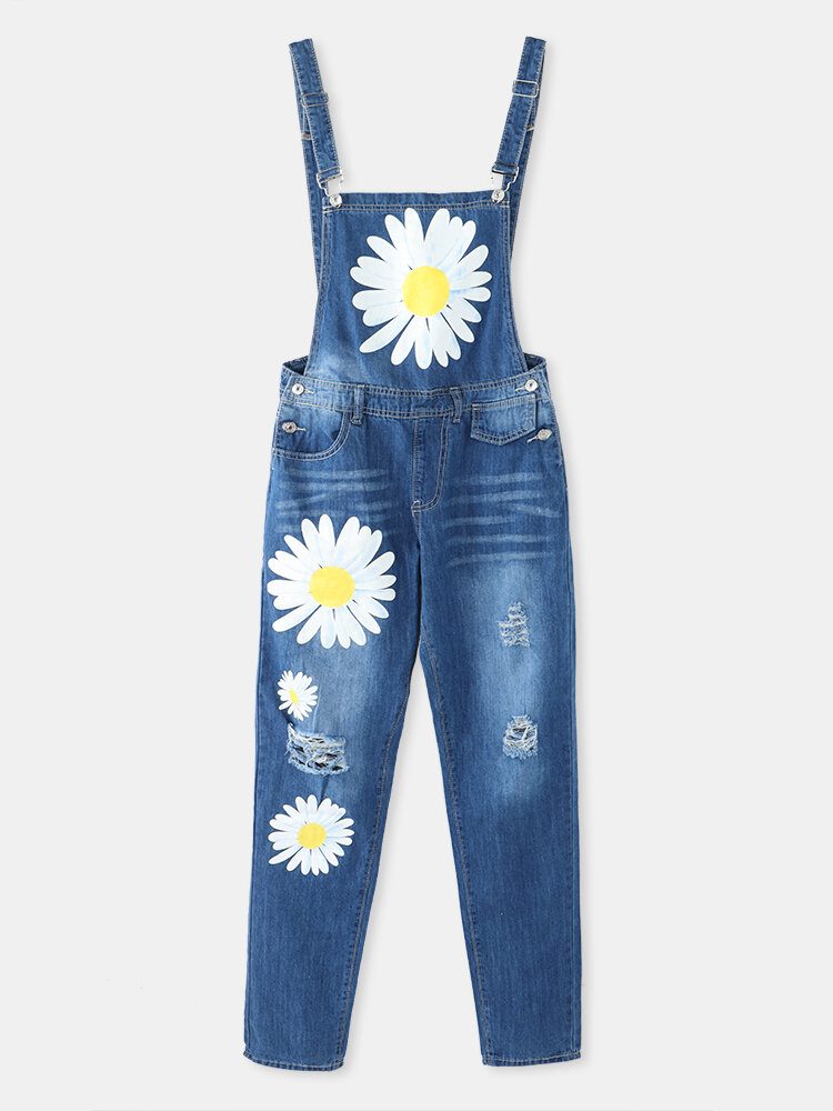 Dame Daisy Mønster Print Remmer Rippet Uformell Stilig Denim Jumpsuit