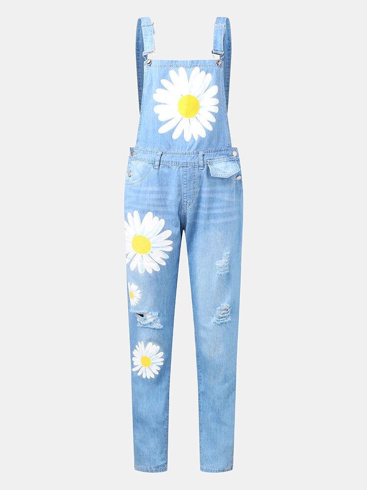 Dame Daisy Mønster Print Remmer Rippet Uformell Stilig Denim Jumpsuit