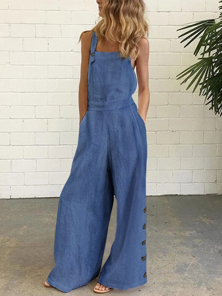 Dame Denim Ensfarget Knapp Løs Overall Uformell Jumpsuits Med Brede Ben Lommer