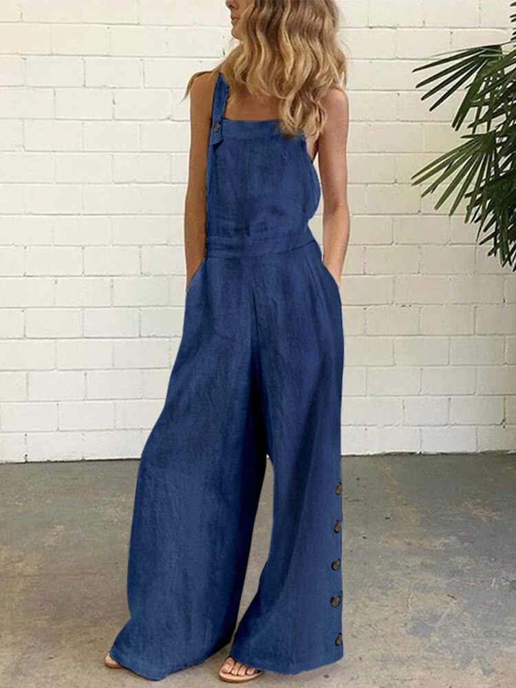 Dame Denim Ensfarget Knapp Løs Overall Uformell Jumpsuits Med Brede Ben Lommer