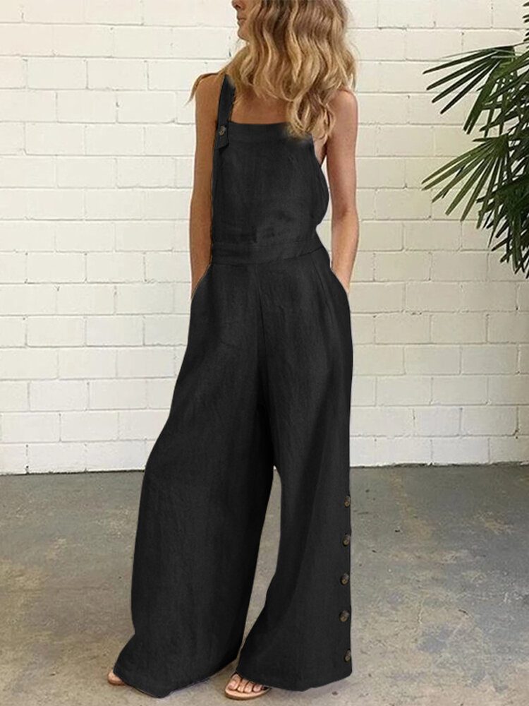 Dame Denim Ensfarget Knapp Løs Overall Uformell Jumpsuits Med Brede Ben Lommer