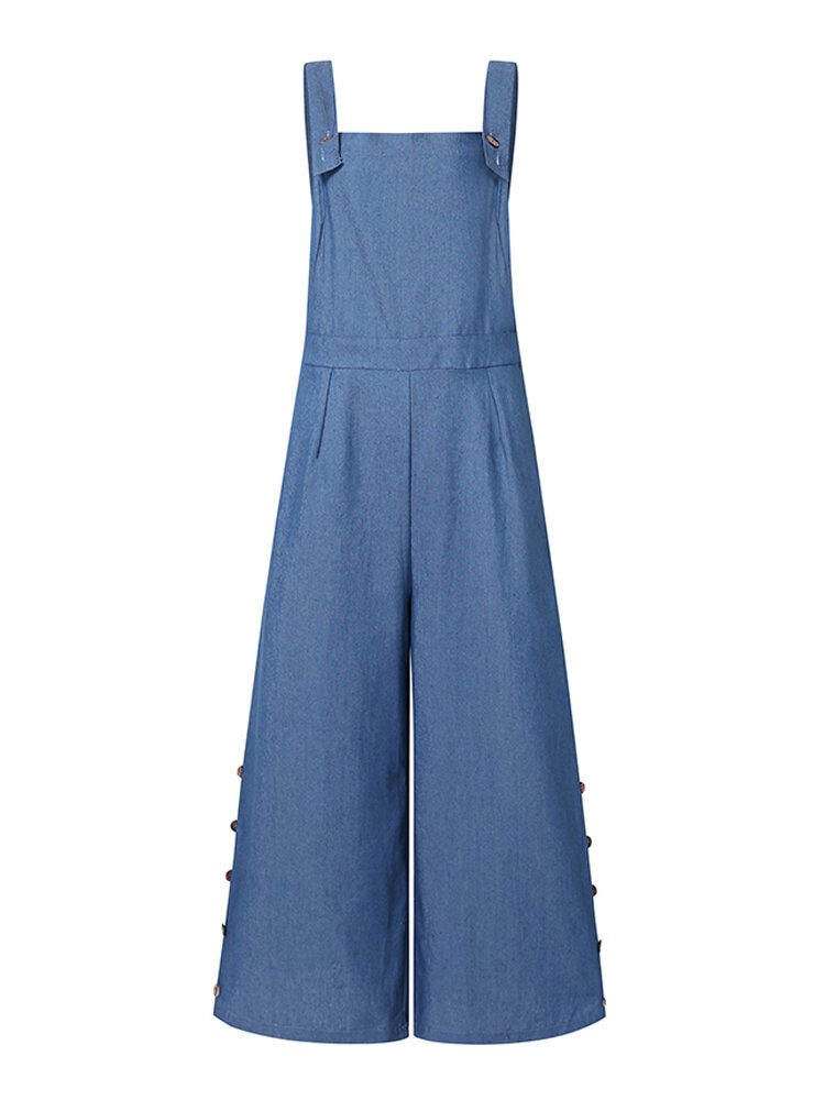 Dame Denim Ensfarget Knapp Løs Overall Uformell Jumpsuits Med Brede Ben Lommer