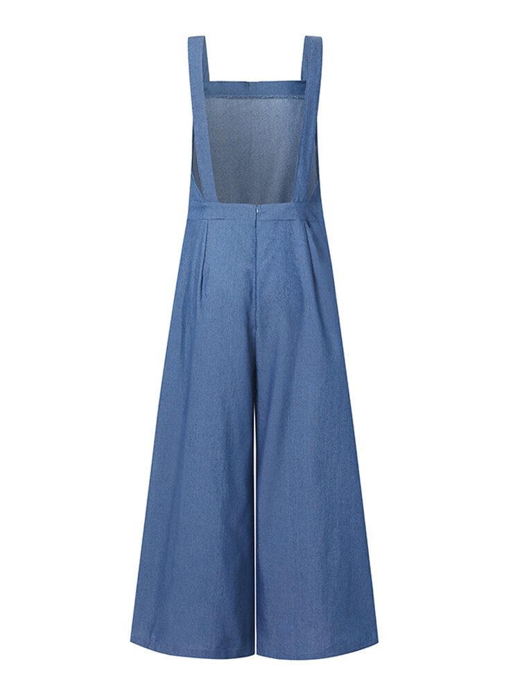 Dame Denim Ensfarget Knapp Løs Overall Uformell Jumpsuits Med Brede Ben Lommer