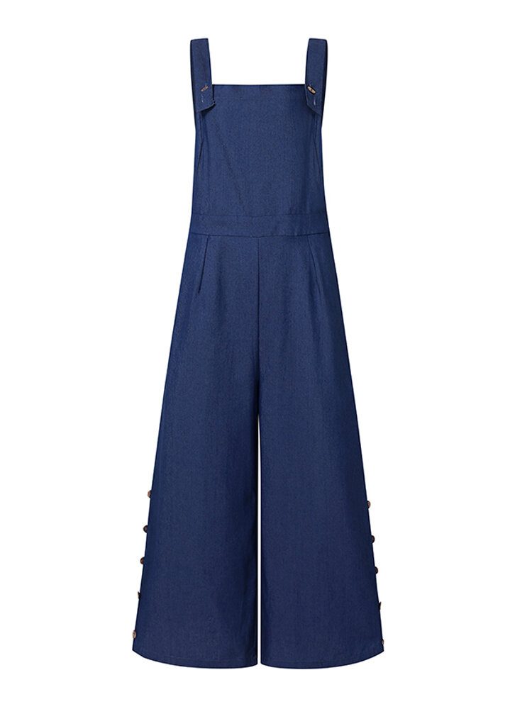 Dame Denim Ensfarget Knapp Løs Overall Uformell Jumpsuits Med Brede Ben Lommer