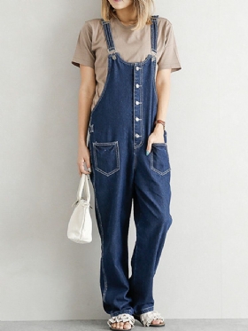 Dame Denim Med Solid Knapplomme Uformell Jumpsuit Med Høy Midje