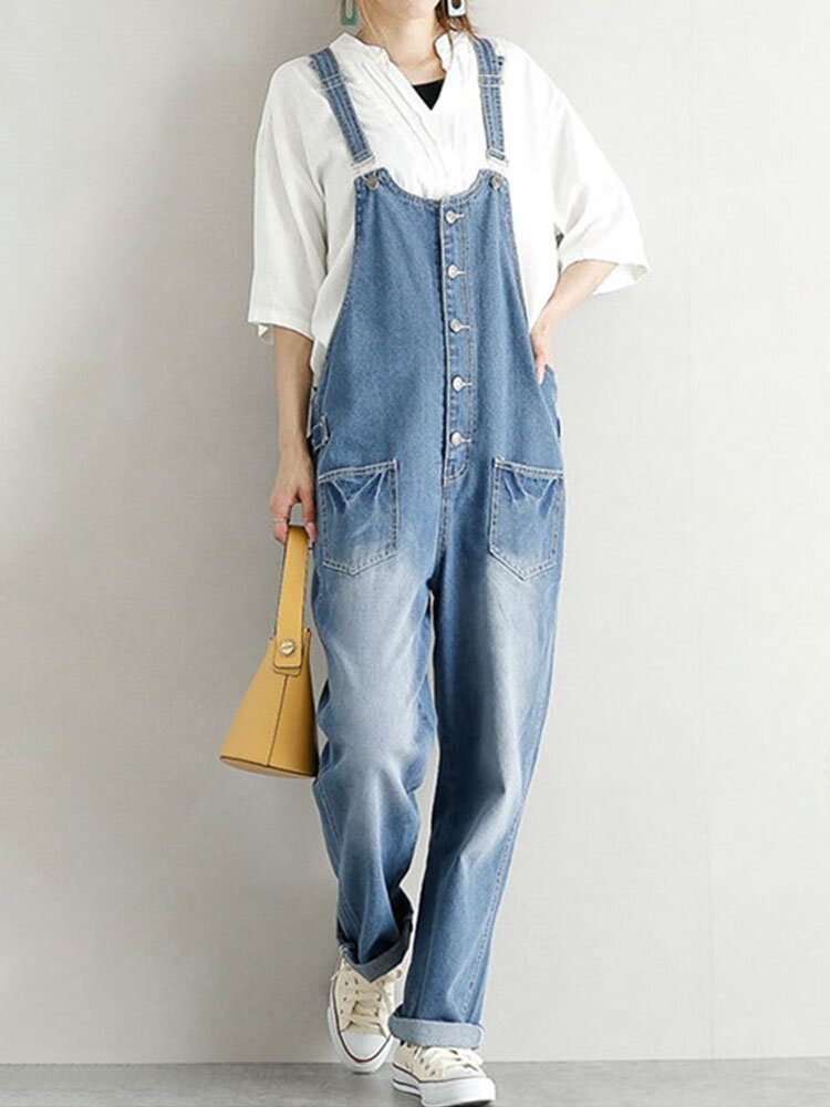 Dame Denim Med Solid Knapplomme Uformell Jumpsuit Med Høy Midje