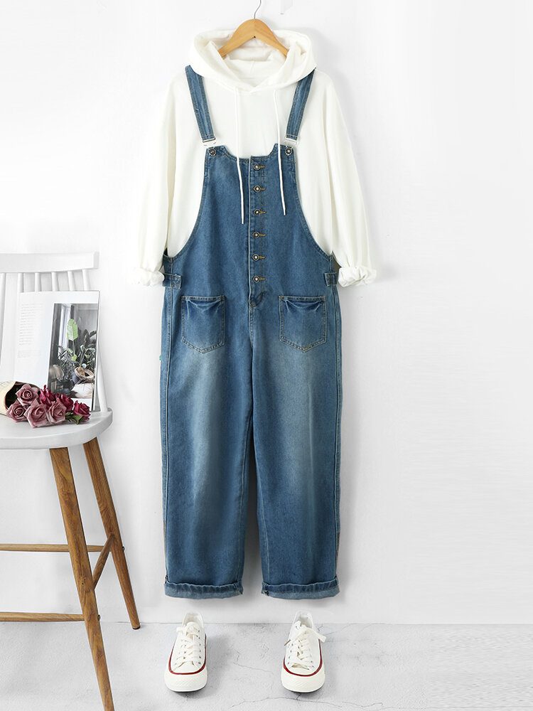 Dame Denim Med Solid Knapplomme Uformell Jumpsuit Med Høy Midje