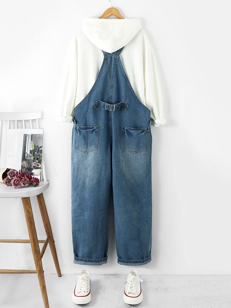 Dame Denim Med Solid Knapplomme Uformell Jumpsuit Med Høy Midje