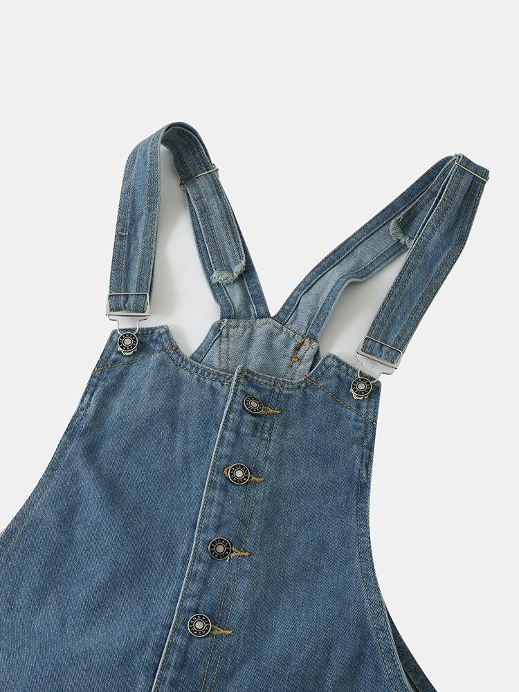 Dame Denim Med Solid Knapplomme Uformell Jumpsuit Med Høy Midje