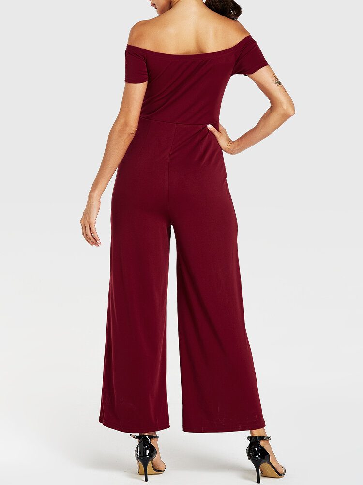 Dame Ensfarge Off Shoulder Slash Neck Kortermet Stilig Casual Jumpsuit