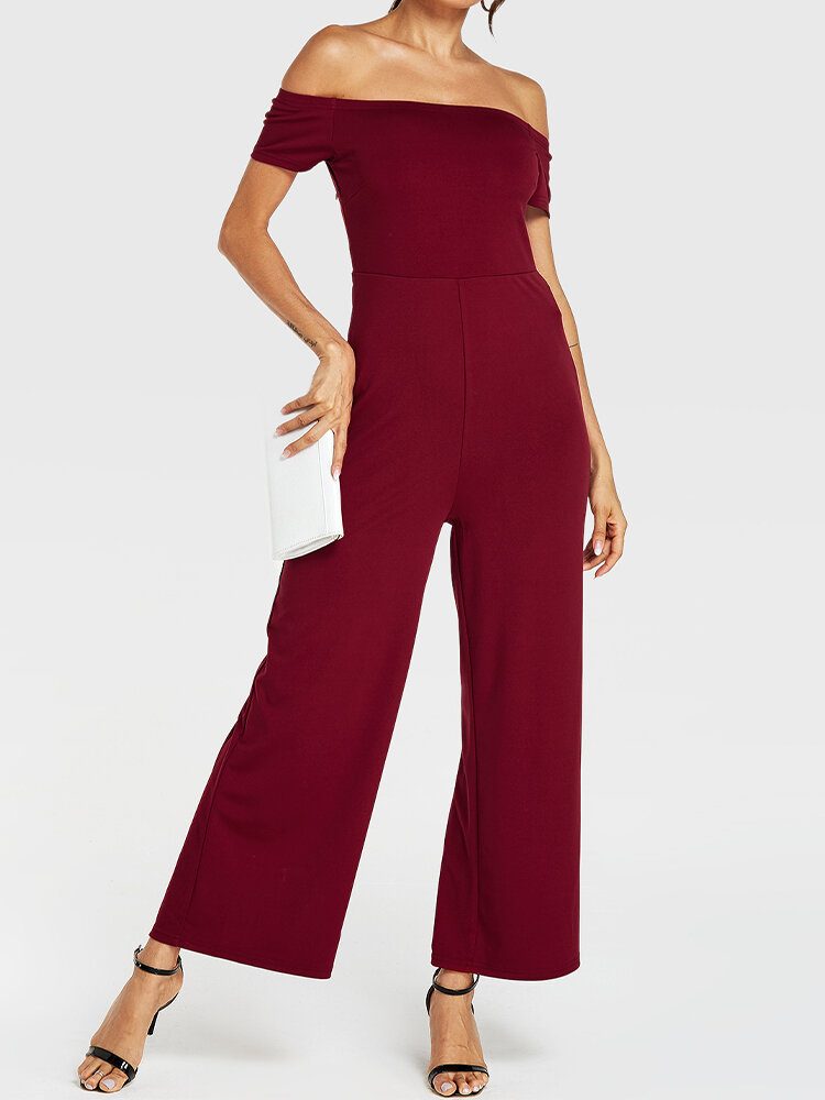 Dame Ensfarge Off Shoulder Slash Neck Kortermet Stilig Casual Jumpsuit