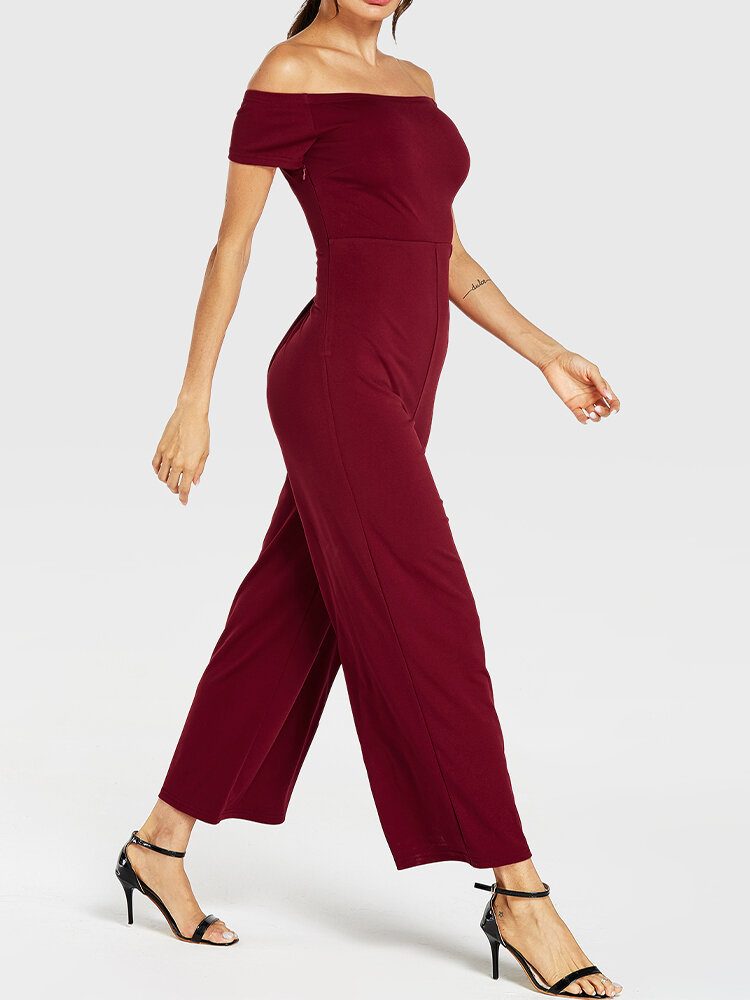 Dame Ensfarge Off Shoulder Slash Neck Kortermet Stilig Casual Jumpsuit