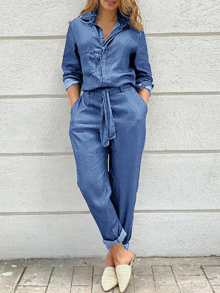 Dame Ensfarget Knapp Foran Camp Collar Daily Jumpsuit