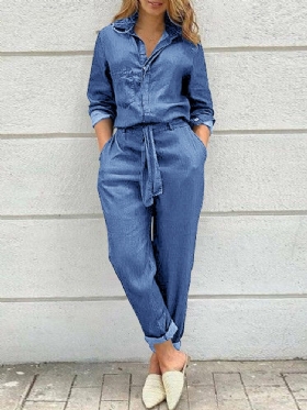 Dame Ensfarget Knapp Foran Camp Collar Daily Jumpsuit