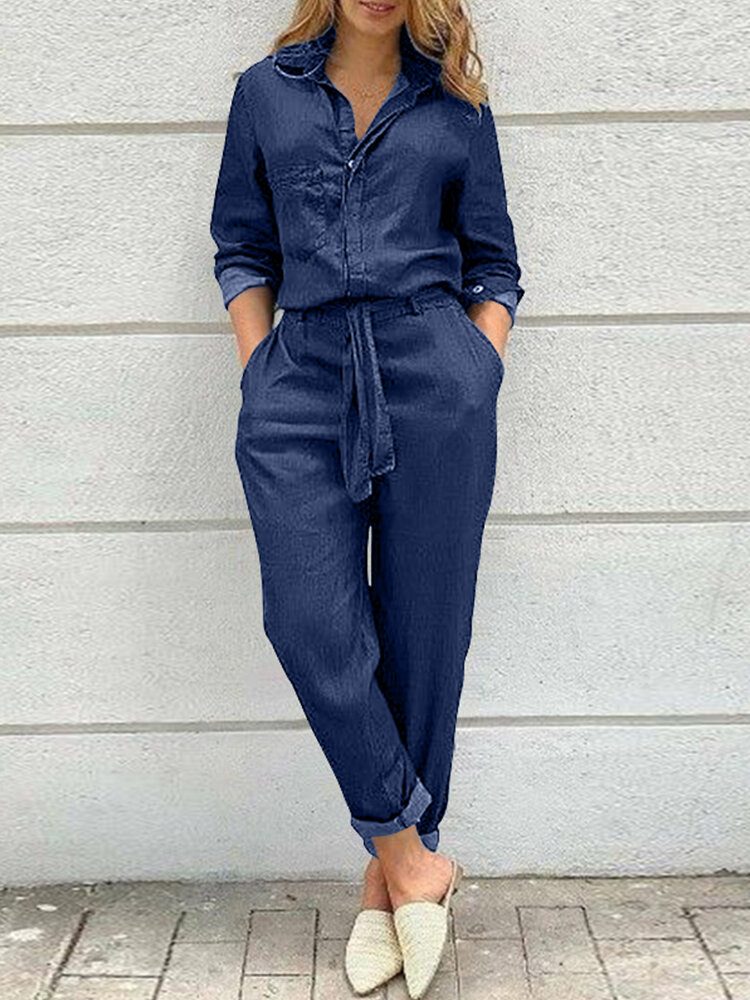 Dame Ensfarget Knapp Foran Camp Collar Daily Jumpsuit