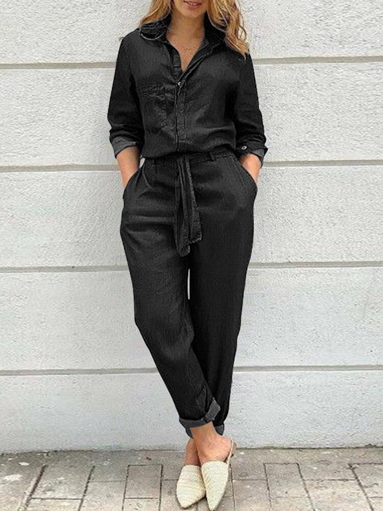 Dame Ensfarget Knapp Foran Camp Collar Daily Jumpsuit