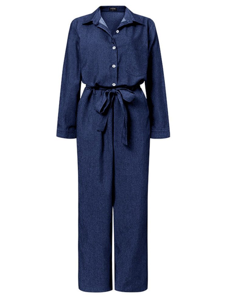 Dame Ensfarget Knapp Foran Camp Collar Daily Jumpsuit