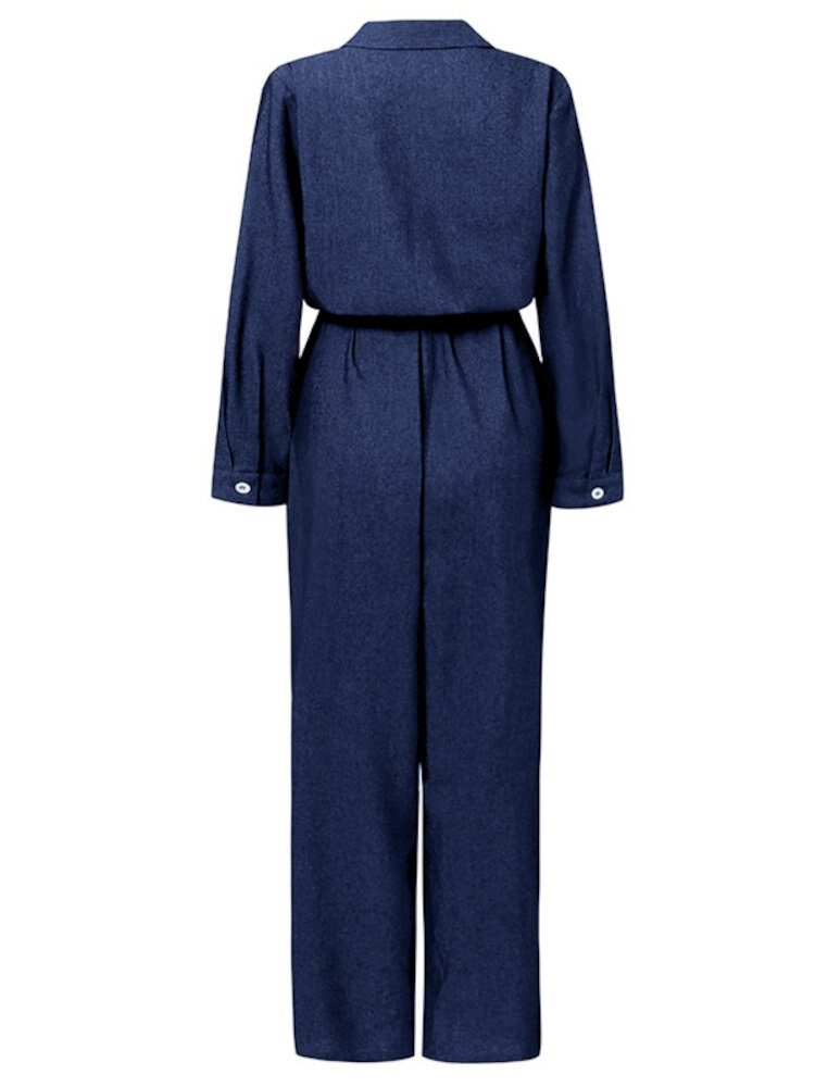 Dame Ensfarget Knapp Foran Camp Collar Daily Jumpsuit