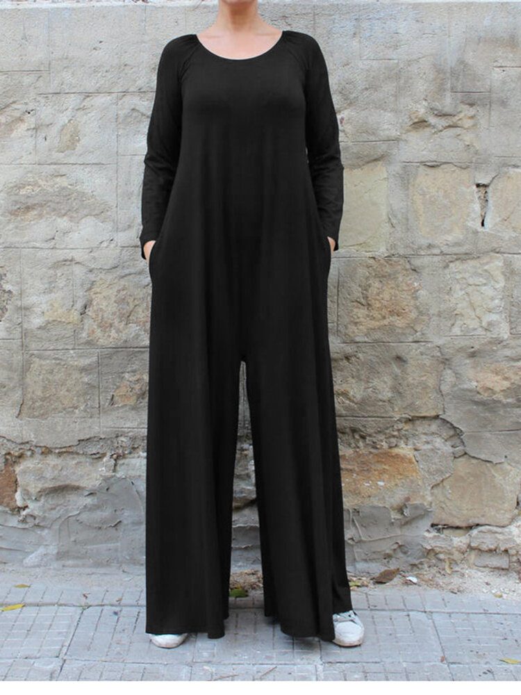 Dame Ensfarget Rundhals Langermet Jumpsuit Med Brede Ben Og Sidelomme