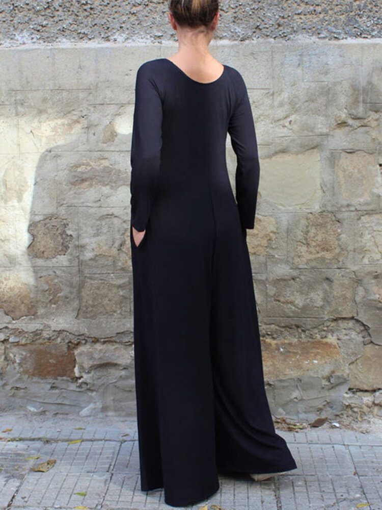 Dame Ensfarget Rundhals Langermet Jumpsuit Med Brede Ben Og Sidelomme