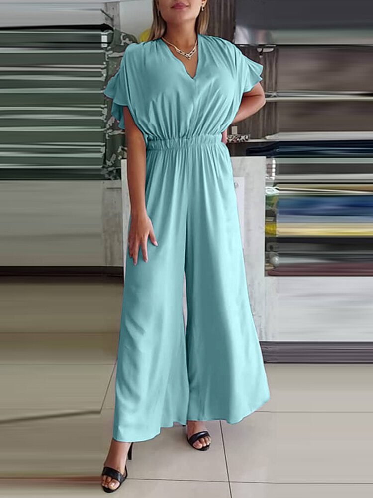 Dame V-hals Kortermet Solid Summer Leisure Jumpsuit Med Lomme