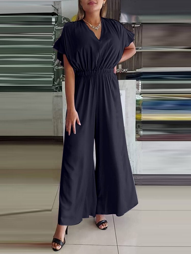 Dame V-hals Kortermet Solid Summer Leisure Jumpsuit Med Lomme