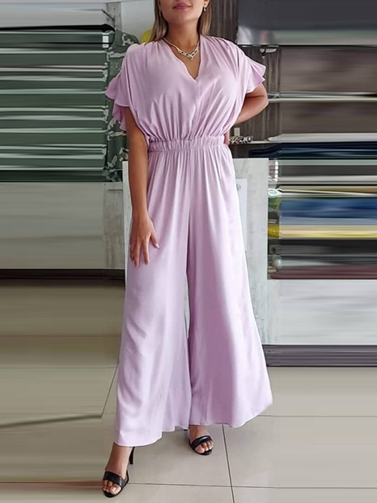 Dame V-hals Kortermet Solid Summer Leisure Jumpsuit Med Lomme