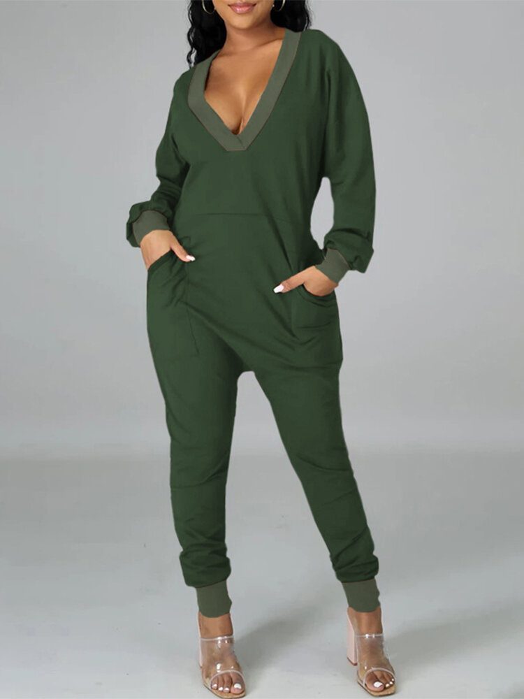 Dame V-hals Langermet Daglig Ensfarget Harem Jumpsuit Med Lomme