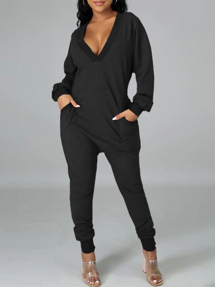 Dame V-hals Langermet Daglig Ensfarget Harem Jumpsuit Med Lomme