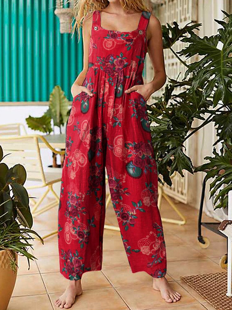 Dame Vintage Blomsterprint Bomull Ryggløse Strappy Jumpsuits Med Lomme