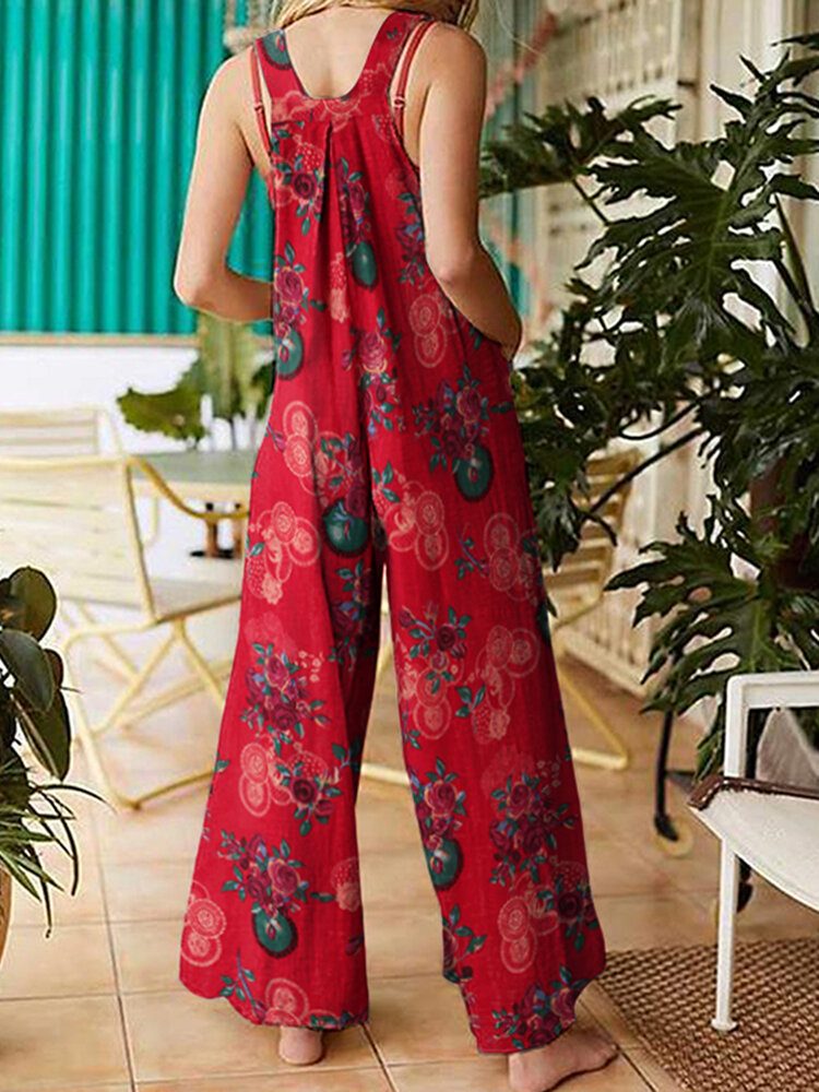 Dame Vintage Blomsterprint Bomull Ryggløse Strappy Jumpsuits Med Lomme