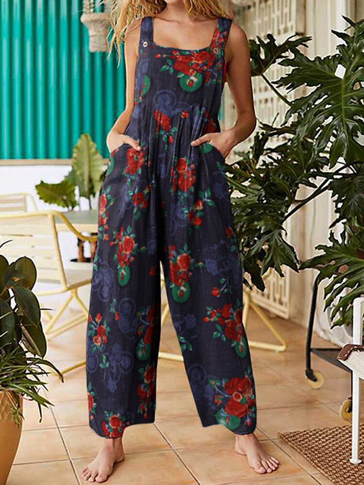 Dame Vintage Blomsterprint Bomull Ryggløse Strappy Jumpsuits Med Lomme