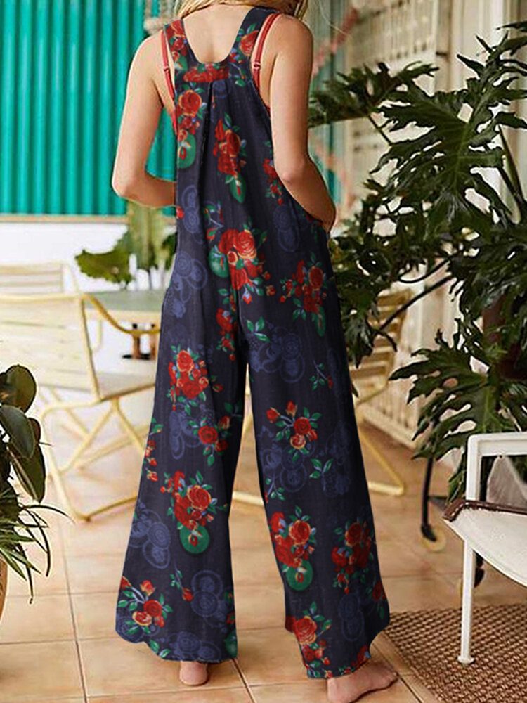 Dame Vintage Blomsterprint Bomull Ryggløse Strappy Jumpsuits Med Lomme