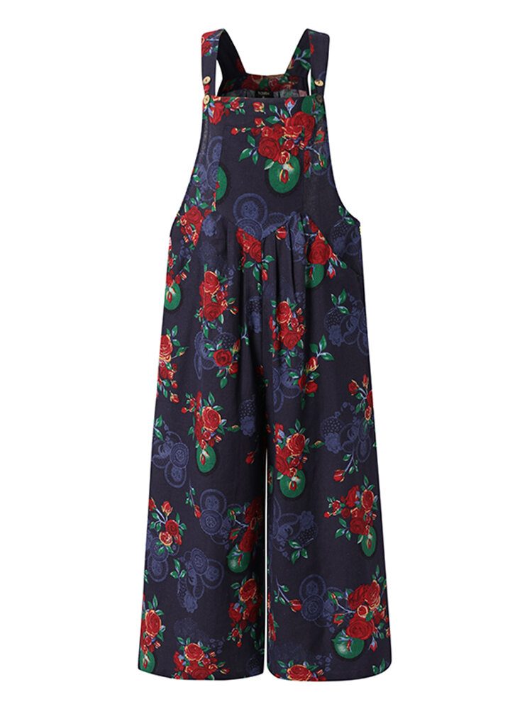 Dame Vintage Blomsterprint Bomull Ryggløse Strappy Jumpsuits Med Lomme