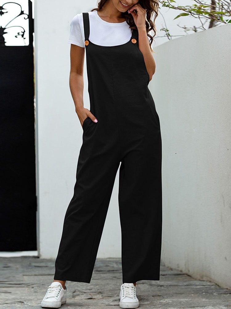 Ensfarget Ermeløs Knapp Casual Pocket Jumpsuit For Kvinner