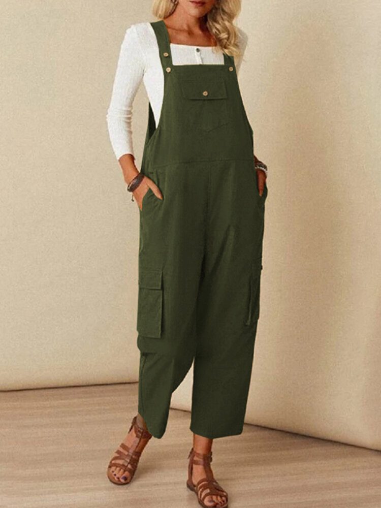 Ensfarget Firkantet Krage Ermeløs Strappy Jumpsuit Med Sidelommer