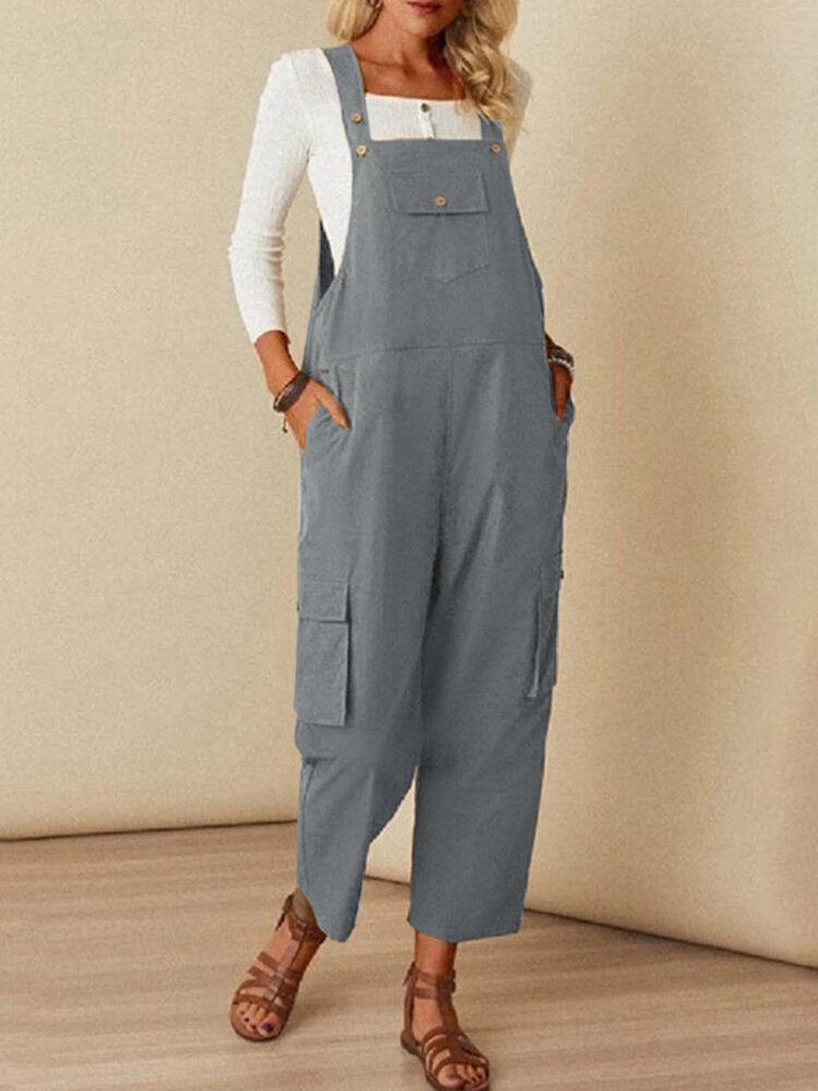 Ensfarget Firkantet Krage Ermeløs Strappy Jumpsuit Med Sidelommer