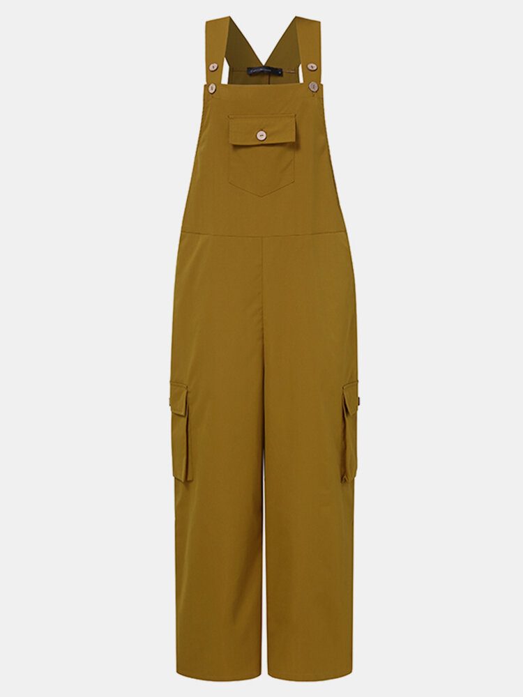 Ensfarget Firkantet Krage Ermeløs Strappy Jumpsuit Med Sidelommer