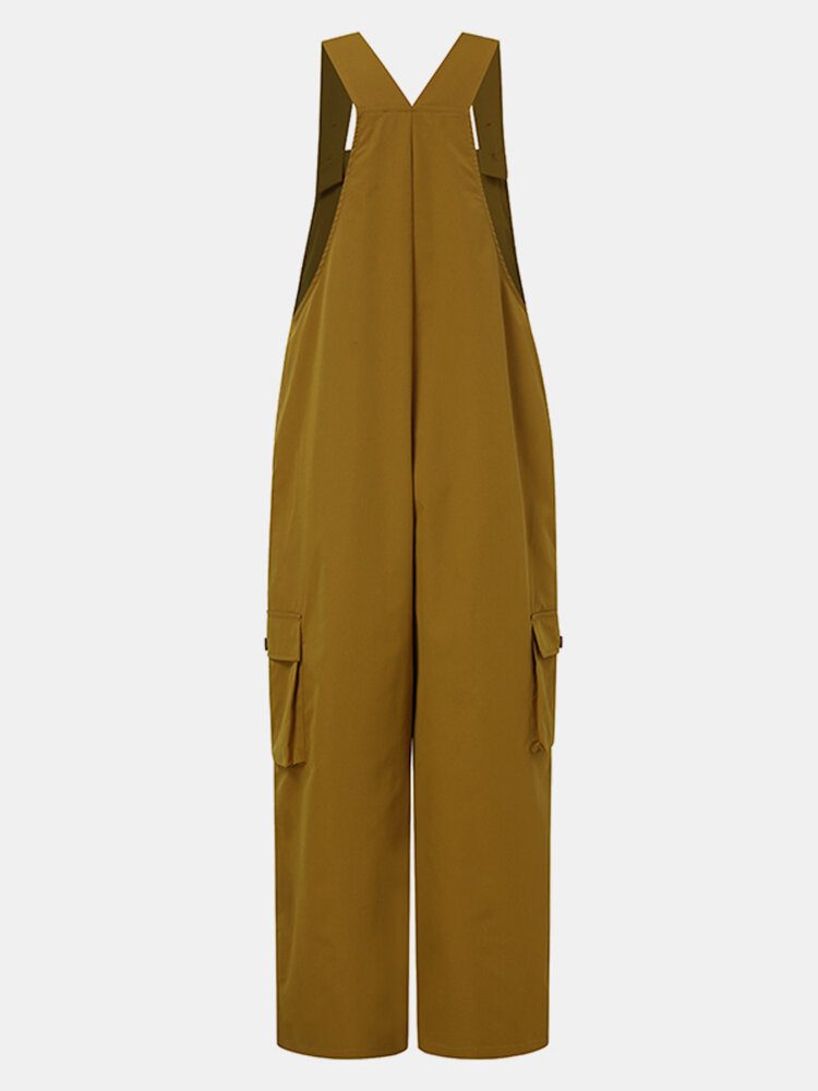 Ensfarget Firkantet Krage Ermeløs Strappy Jumpsuit Med Sidelommer