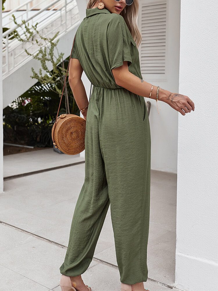 Ensfarget Knapplomme Høy Elastisk Midje Løs Jumpsuit