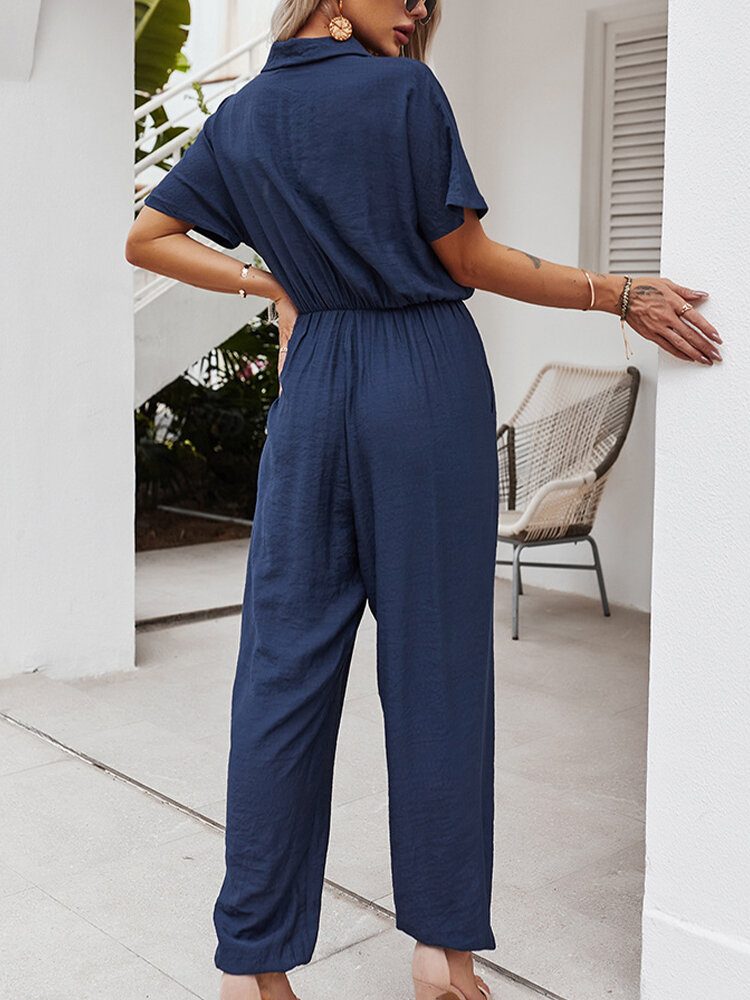 Ensfarget Knapplomme Høy Elastisk Midje Løs Jumpsuit