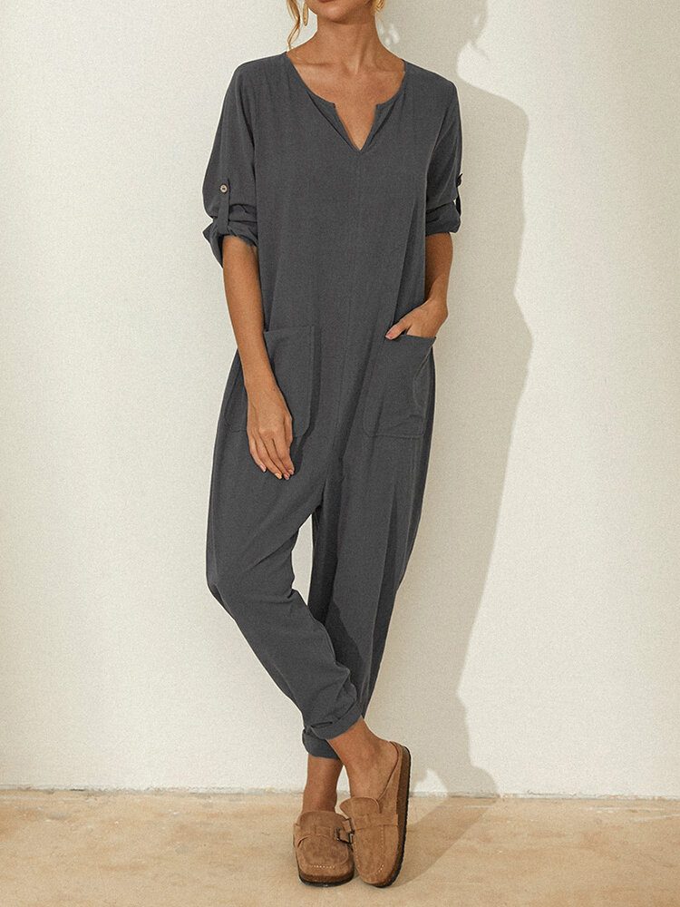 Ensfarget Langermet Hakk Krage Lomme Løs Jumpsuit For Kvinner