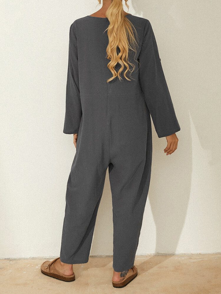 Ensfarget Langermet Hakk Krage Lomme Løs Jumpsuit For Kvinner