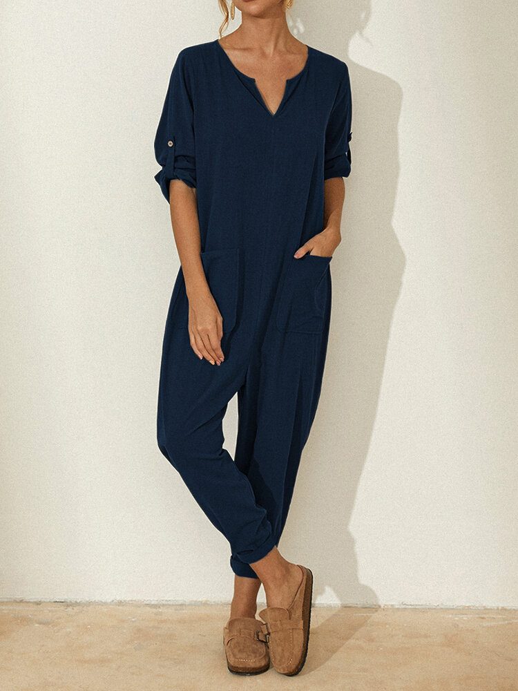 Ensfarget Langermet Hakk Krage Lomme Løs Jumpsuit For Kvinner