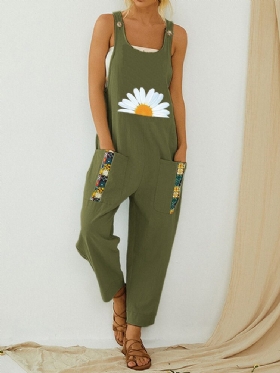 Flower Tribal Pattern Pocket Ermeløs Jumpsuit For Kvinner