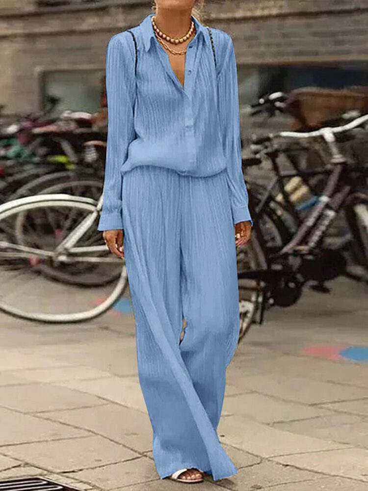 Kvinner Casual Plisserte Sidelommeknapper Maxi Lengde Lapel Jumpsuits