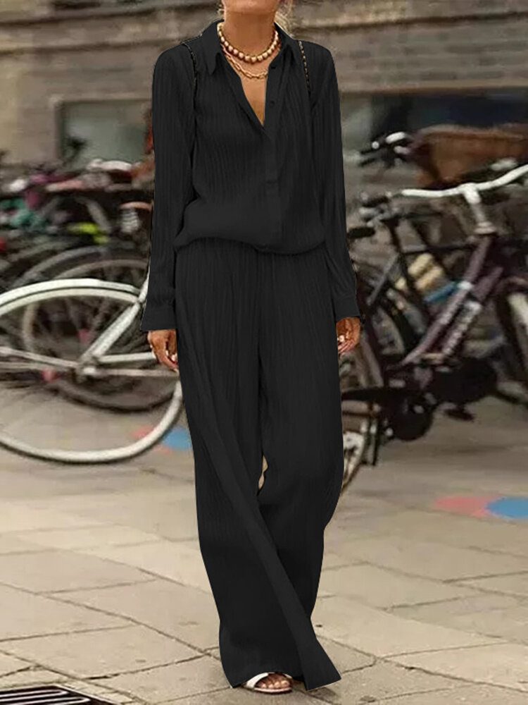 Kvinner Casual Plisserte Sidelommeknapper Maxi Lengde Lapel Jumpsuits