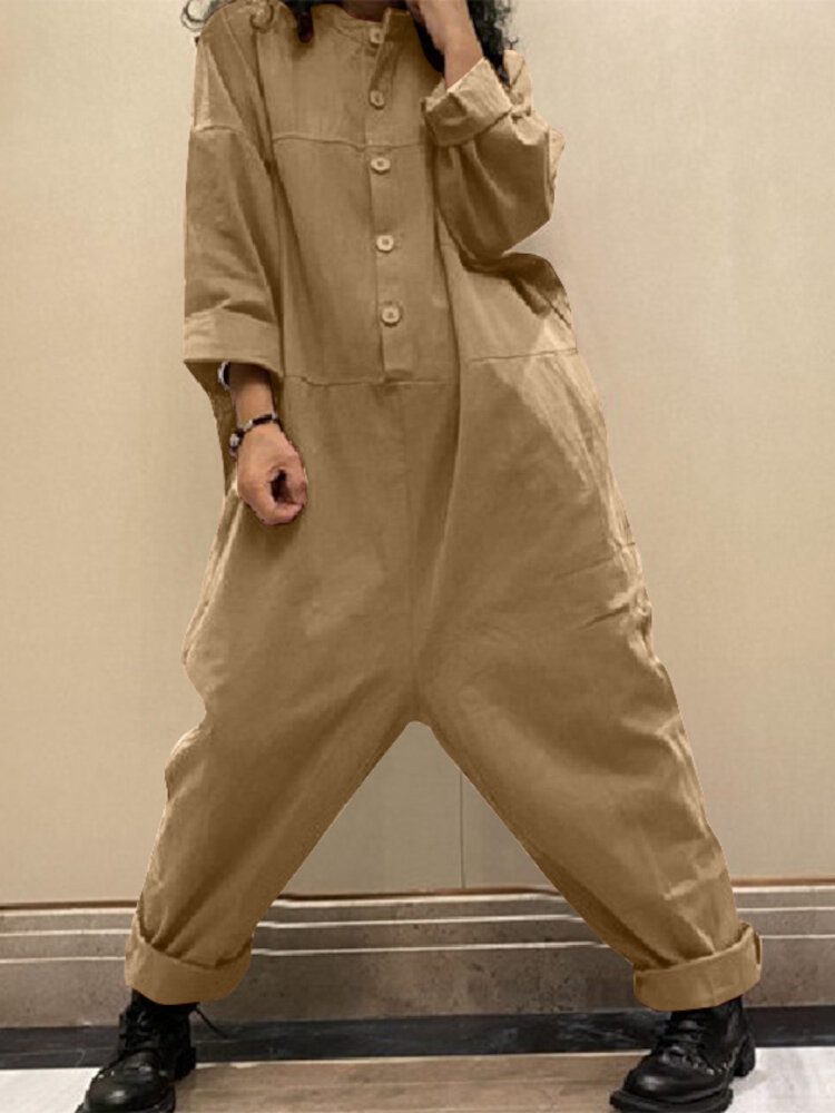 Kvinner Corduroy Ensfarget Halvknapp Langermet Vintage Casual Cargo Jumpsuit Med Lomme