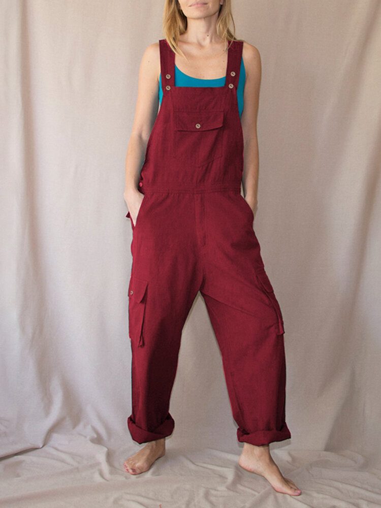 Kvinner Ensfargede Stropper Knappdetalj Frontlomme Uformell Loose Cargo Jumpsuit